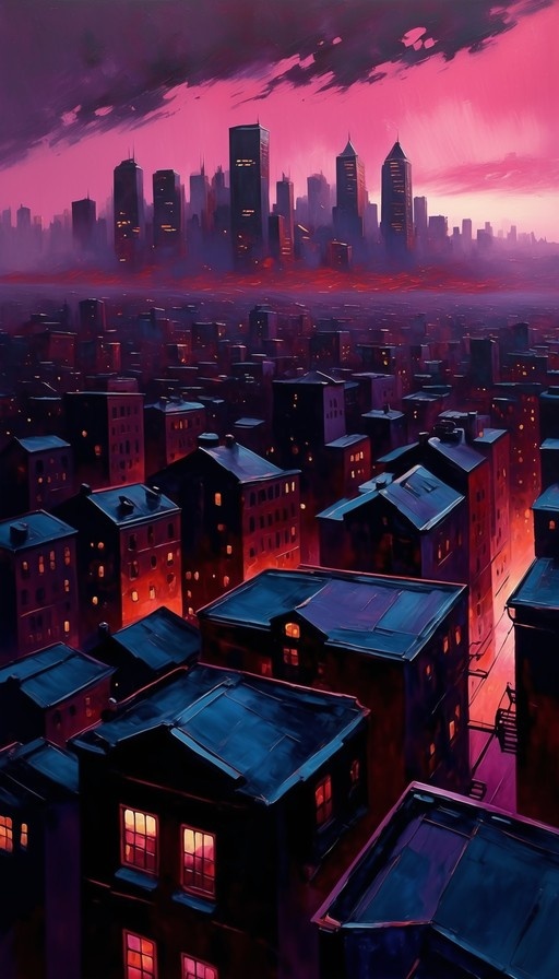 A digital painting showing a dense urban cityscape with glowing windows under a vibrant pink and purple sky at dusk.