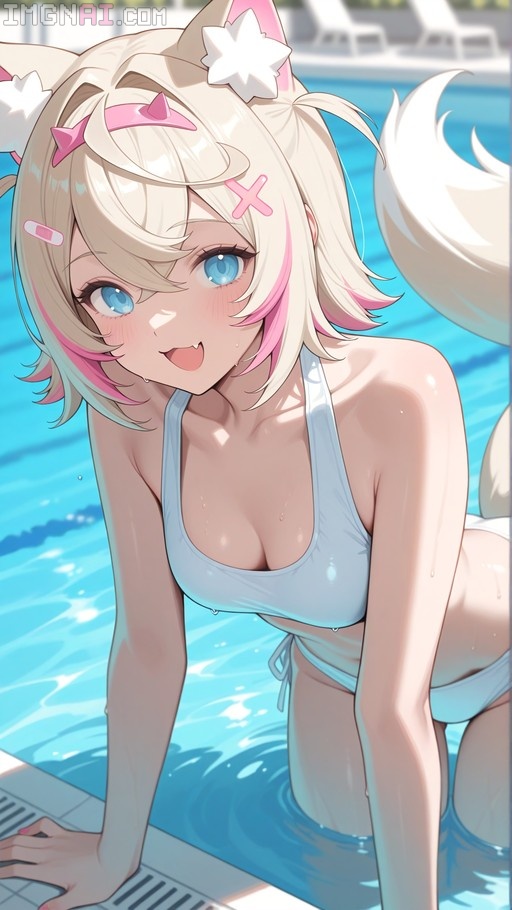 Mococo Abyssgard leaning out of a swimming pool wearing a white bikini