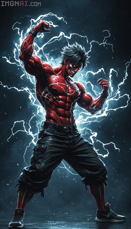 A full-body digital illustration of a muscular man with bright red skin and spiky white hair, standing in a powerful stance surrounded by white lightning bolts while wearing black cargo pants and sneakers.