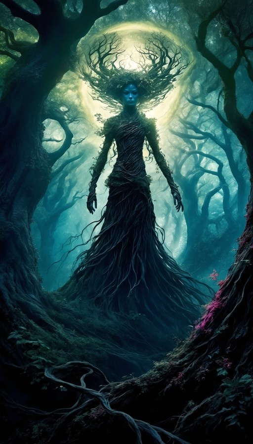 A blue-skinned female figure composed of dark roots and vines stands in a misty forest beneath a bright full moon, her hair resembling twisting branches against the light.