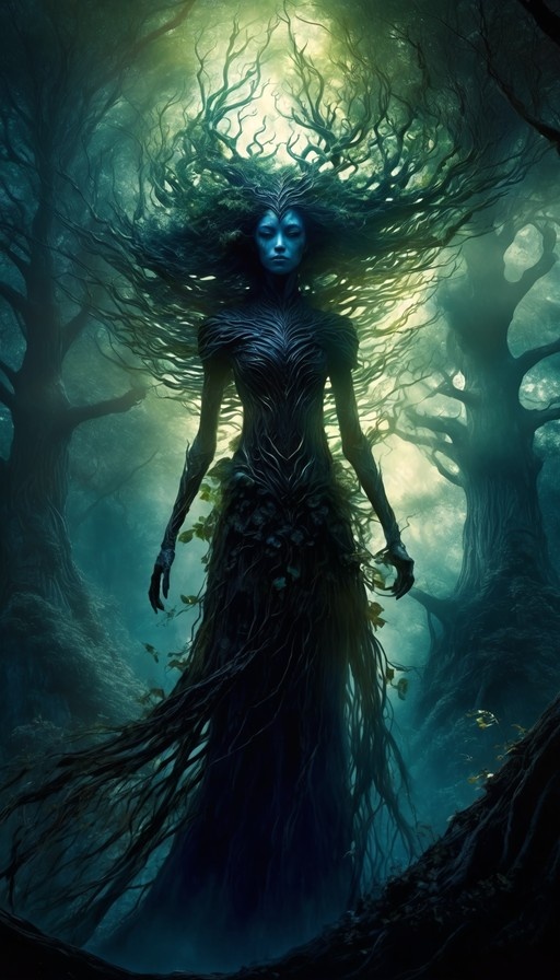 A blue-skinned female figure with vine-like hair stands in a misty forest, her body textured like tree bark under a canopy of branches.