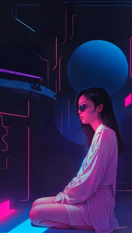 Woman in white outfit and sunglasses sitting on floor with neon lights