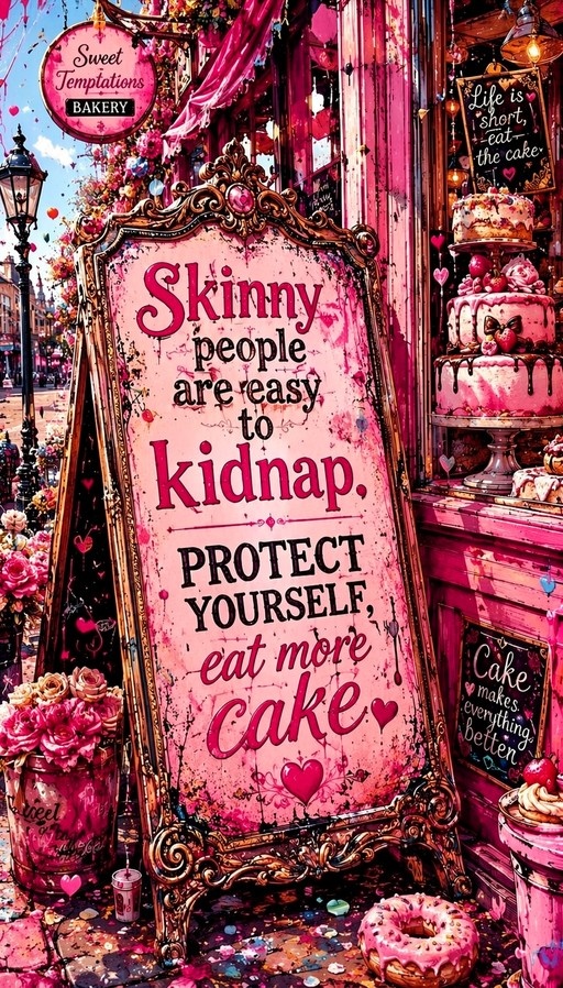 An ornate gold-framed sign outside a pink bakery reads "Skinny people are easy to kidnap. PROTECT YOURSELF, eat more cake," surrounded by cakes and flowers.