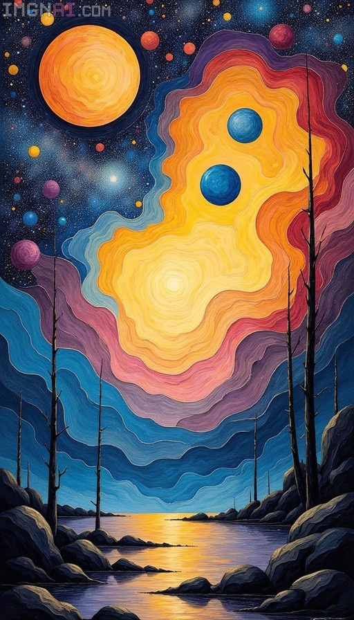 Abstract painting of a surreal cosmic sky with planets and swirling colors over a reflective lake lined with bare trees
