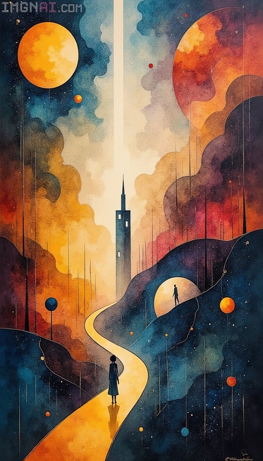 Surreal abstract painting of a girl walking on a winding path toward a tower under a sky with large planets and stars in Kandinsky style.