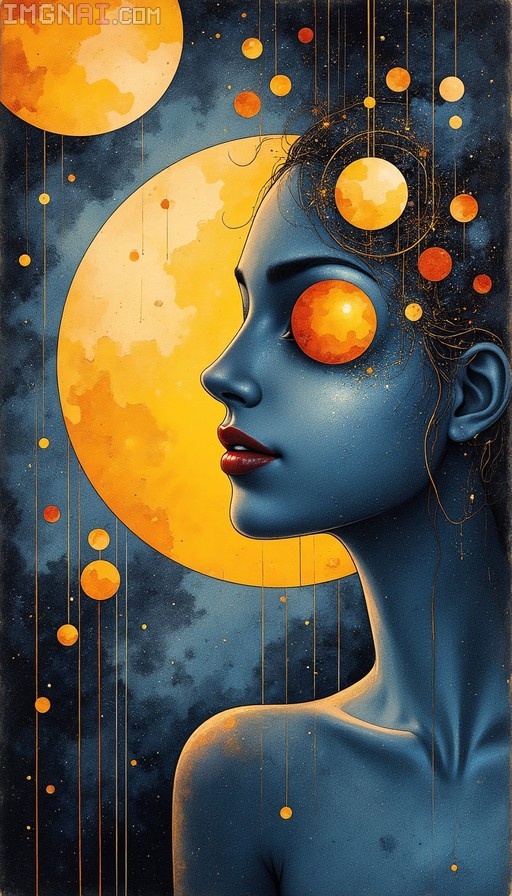 A side profile of a blue-skinned woman with an orange planet for an eye, set against a large yellow moon and a dark starry sky in a surrealist style.