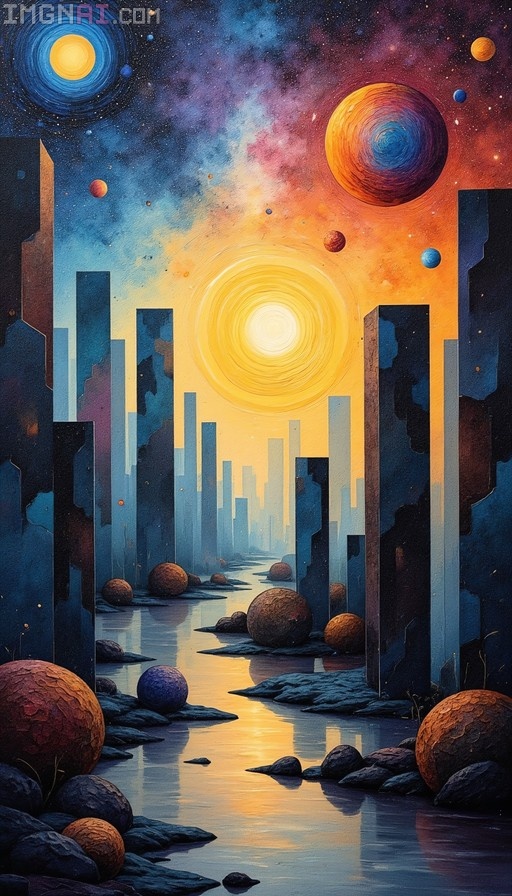A surreal abstract painting featuring a geometric cityscape along a reflective river, set beneath a vibrant cosmic sky filled with swirling colors, a bright sun, and multiple planets.