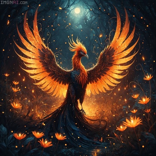A majestic phoenix with spread orange and blue wings stands in a dark forest under a full moon, surrounded by glowing flowers.