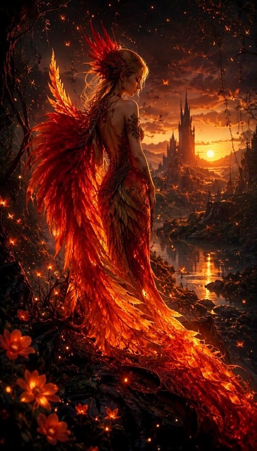 A blonde woman with large orange and red phoenix wings stands by a river looking at a castle in the distance during sunset, surrounded by glowing flowers.