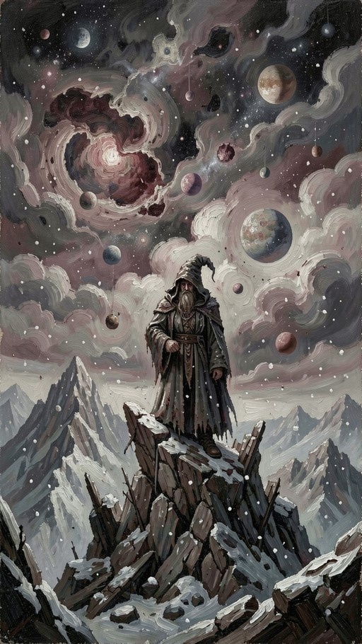 A bearded wizard in a dark hooded cloak stands on a snowy rocky peak against a backdrop of swirling cosmic clouds and floating planets.