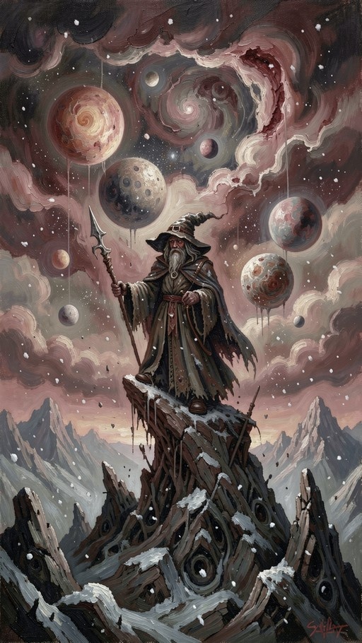 An elderly wizard with a white beard and pointed hat stands on a snowy cliff holding a staff, surrounded by a surreal sky of swirling planets and clouds.