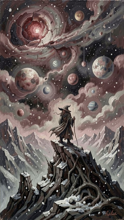 A digital painting of a wizard in a pointed hat and cloak standing on a snowy cliff, gazing up at a cosmic sky filled with swirling nebulae and multiple planets.