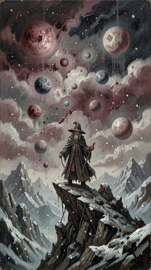 A bearded wizard wearing a pointed hat and cloak stands on a snowy cliff holding a staff, with a sky full of floating planets and clouds behind him.