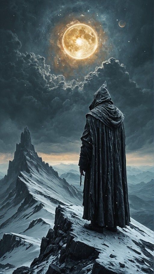 A hooded figure in a black cloak stands on a rocky, snow-covered mountain peak, looking up at a large, glowing celestial body surrounded by clouds and stars in the night sky.