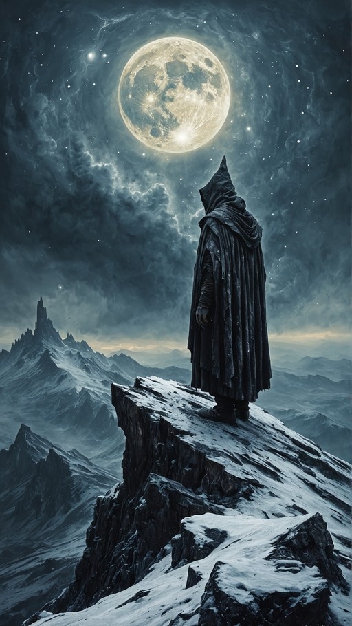 A hooded figure in a black cloak stands on a snowy cliff edge looking out at a large full moon and mountain range.