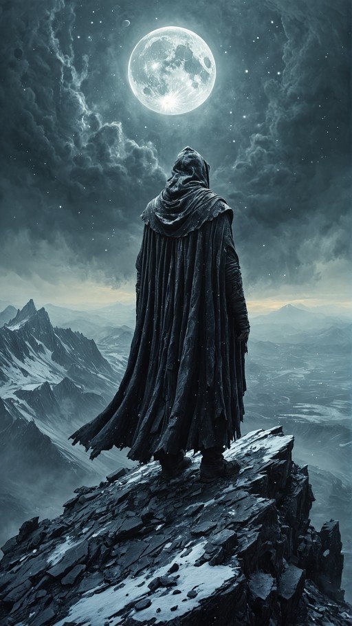 A hooded figure in a dark cloak stands on a rocky cliff edge overlooking a vast mountain range under a large full moon and starry night sky.
