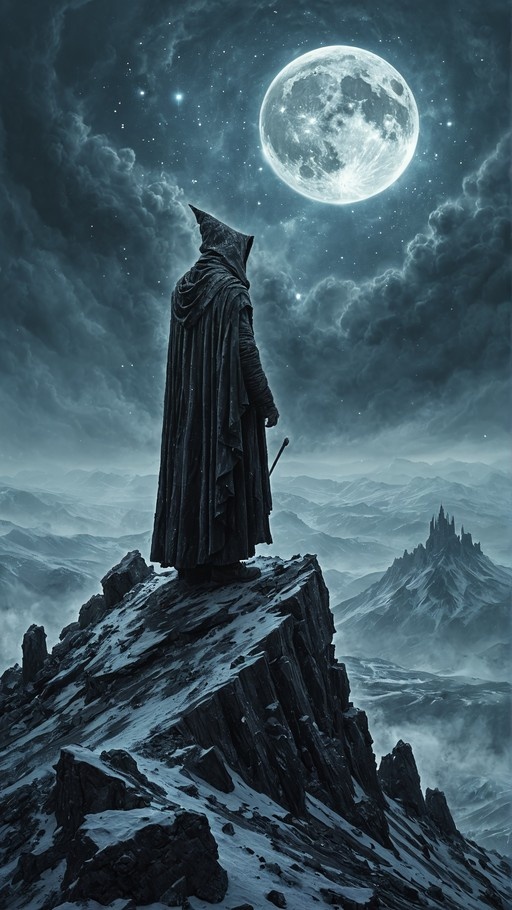 A lone figure in a dark hooded cloak stands on a rocky cliff edge overlooking a vast snowy mountain range under a large bright full moon and starry night sky.