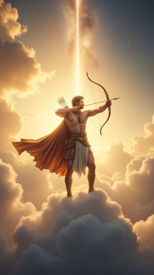 A muscular blonde man with a beard and laurel wreath, wearing ancient Greek clothing and an orange cape, stands on clouds aiming a bow and arrow toward a bright light in the sky.