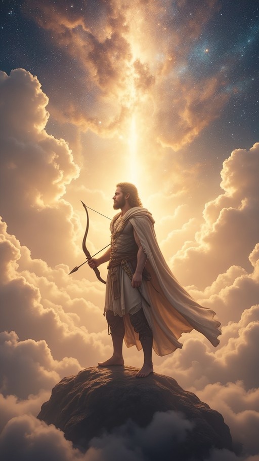 A bearded man in a tunic and cape stands barefoot on a rock holding a bow and arrow, surrounded by clouds and a starry sky with bright light.