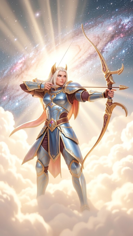 A white-haired elf in blue and gold armor aims a golden bow against a starry galaxy backdrop.