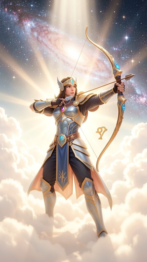 A female fantasy archer in blue and gold armor draws her golden bow while standing above the clouds against a starry nebula sky.