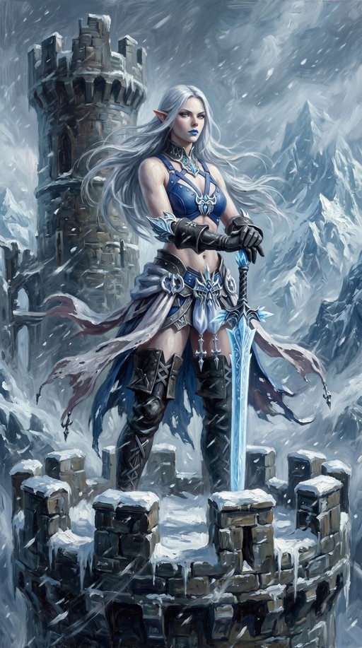 A full-body portrait of the elf character Ysayle Dangoulain standing in a blizzard near stone ruins, holding a large glowing blue sword upright.