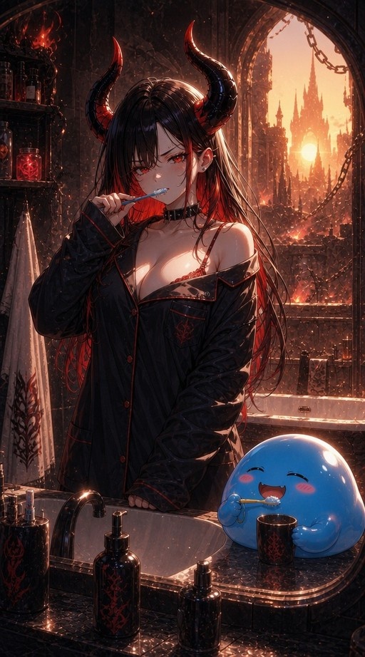A horned demon girl with black and red hair brushes her teeth at a sink next to a smiling blue slime creature in a gothic bathroom.