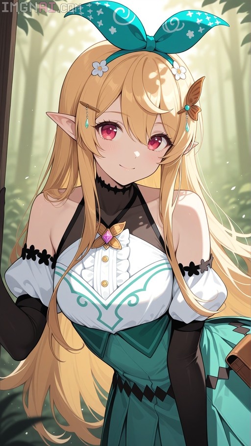 Pomu Rainpuff with long blonde hair and pointed ears wearing a large teal bow and green outfit, smiling in a forest setting