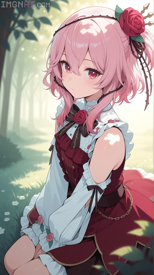 Rosemi Lovelock sitting in a sunlit forest wearing a red and white dress with a large rose in her pink hair.