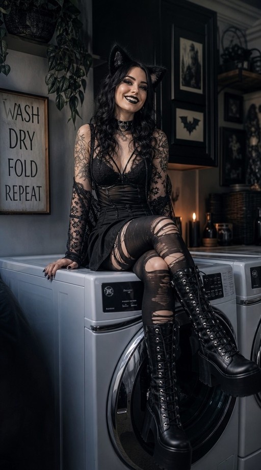 A smiling woman with cat ears and tattoos sits on a washing machine wearing a black lace outfit and ripped tights.