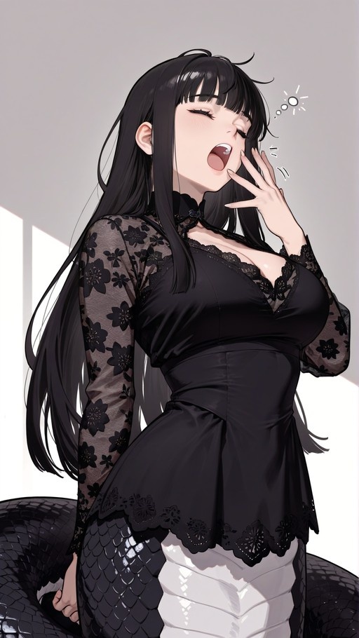Anime-style lamia monster girl with long black hair and a snake tail yawning while wearing a black floral lace dress.