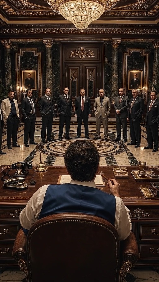 A man in a blue vest stands up from a desk to reveal large black demonic wings as papers fly around him and men in suits look on in shock.
