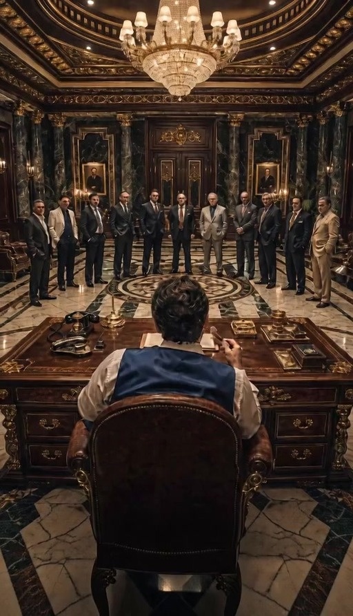 A man in a blue vest stands up from a desk to address a group of men in suits in a grand room with marble floors and chandeliers.