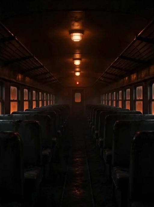 A young man with pointed ears and glasses sits in a dimly lit train carriage, holding a warm glowing object while fire rushes past the window outside.