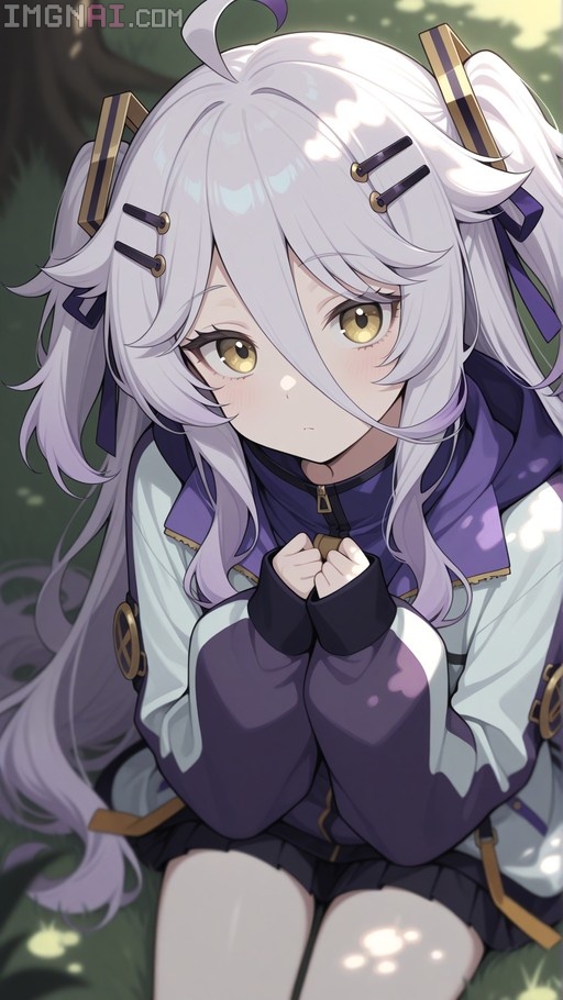 Paimon from Genshin Impact sits in a sunlit forest, looking up with clasped hands while wearing her signature purple and white outfit.