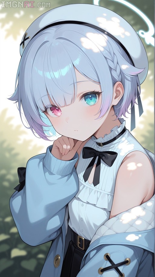 Anime girl with short silver hair and heterochromia wearing a white beret, glowing halo, and blue jacket draped off shoulders.