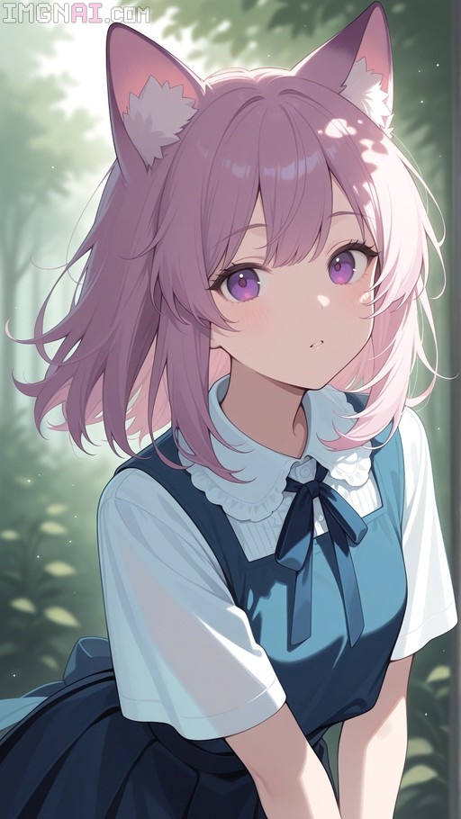Pink-haired anime girl with cat ears and purple eyes wearing a blue pinafore over a white shirt outdoors.