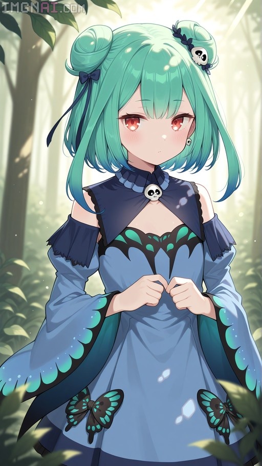 Anime-style illustration of Uruha Rushia with teal twin-bun hair and red eyes, wearing a blue butterfly-patterned dress with skull accessories in a sunlit forest.