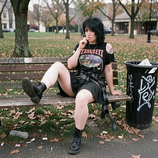 A punk-styled woman with black hair sits on a park bench smoking a cigarette in an autumn setting, wearing a band t-shirt and combat boots.