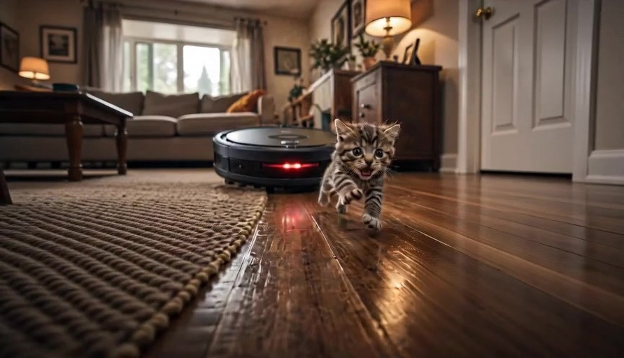 A tabby kitten runs across a wooden floor away from a black robot vacuum that opens its front panel to reveal rows of sharp metallic teeth.