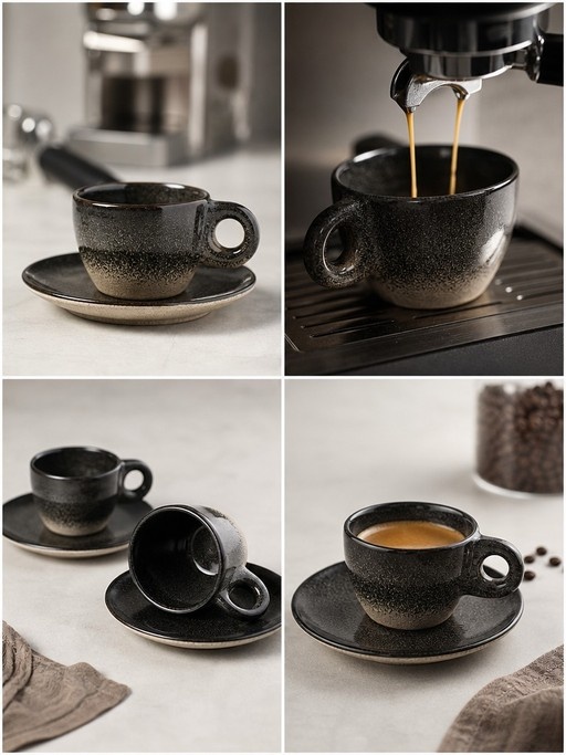 A four-panel collage showing a dark speckled ceramic coffee cup and saucer, including espresso being poured from an espresso machine portafilter.