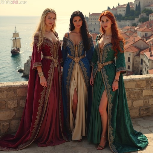 Three women in ornate red, blue, and green medieval gowns standing on a stone wall with a sailing ship and coastal town in the background.