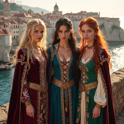 Three women in ornate medieval red, blue, and green gowns standing on a stone wall overlooking the historic city of Dubrovnik and the Adriatic Sea at sunset.