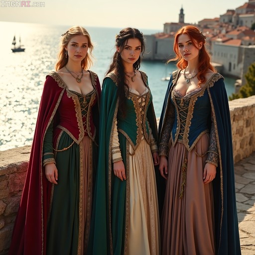 Three women in medieval dresses and capes standing on a stone wall overlooking the sea.