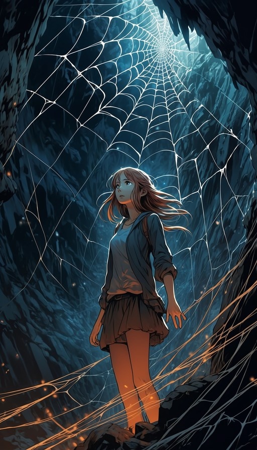 A young woman with long brown hair stands in a dark blue cave, looking up at massive, intricate white spiderwebs stretching across the ceiling, illuminated by cool blue and warm orange light.
