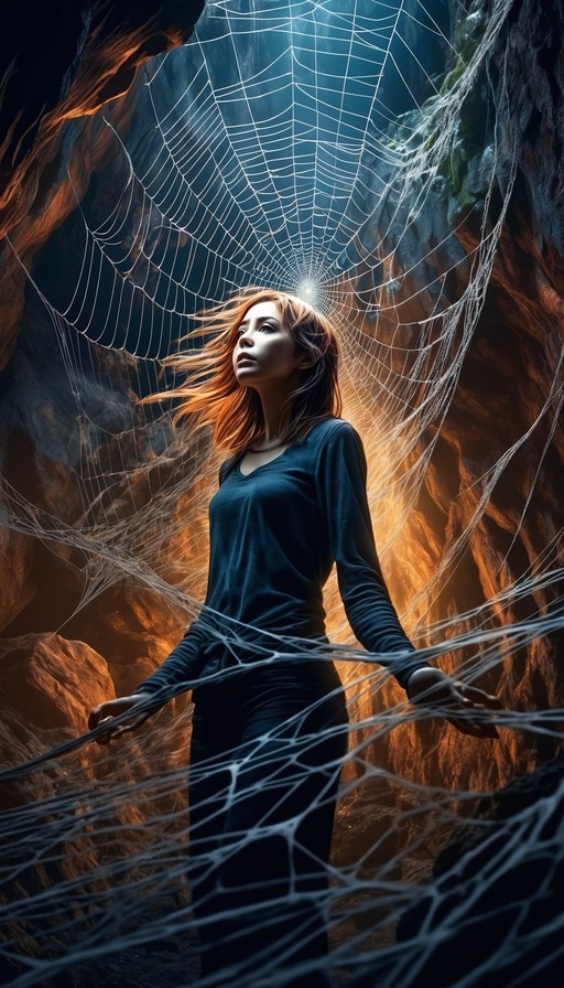 Orange-haired woman in blue top looks up at a massive glowing spiderweb inside a rocky cave.
