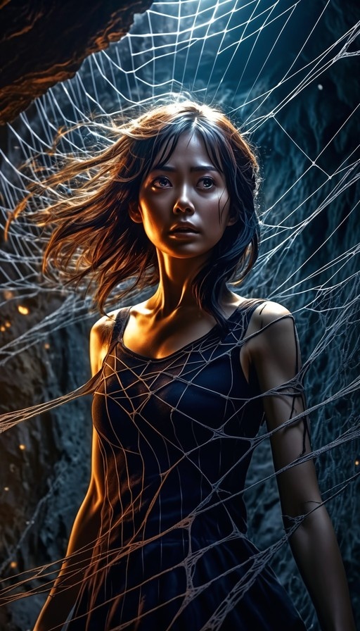 A realistic digital painting of a young woman with long dark hair wearing a black sleeveless dress, standing amidst large glowing spiderwebs in a dark cave setting.