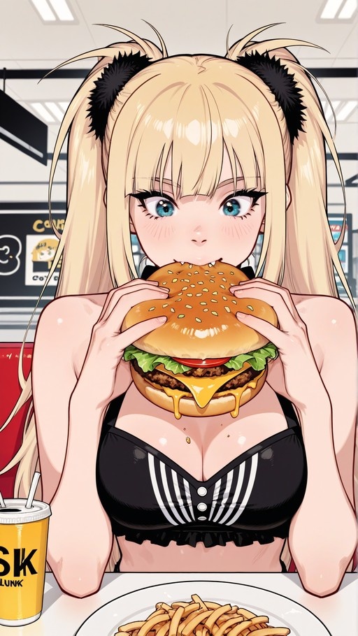Blonde anime girl with twintails eating a large cheeseburger at a diner table with fries.