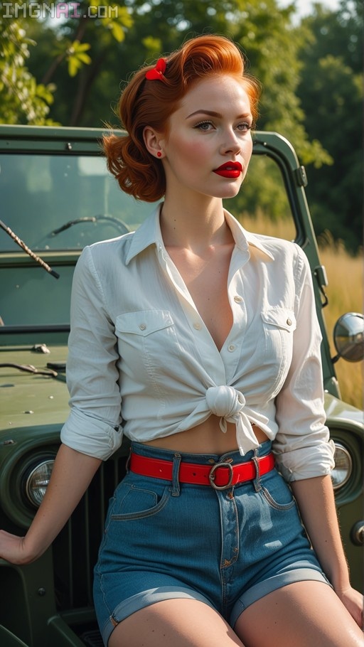 A red-haired woman in a white tied shirt and denim shorts sitting on the hood of a green military jeep.