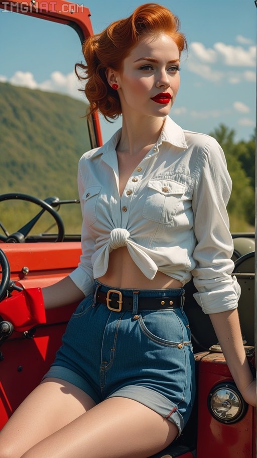 A redhead woman with victory-roll hair and red lipstick sits on a red vintage jeep wearing high-waisted denim shorts and a tied white shirt.